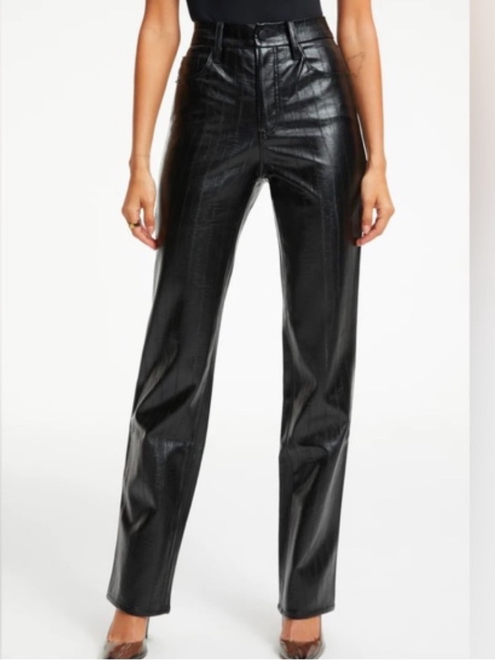 Good American Black High-Rise Straight Leg Faux Leather Pants